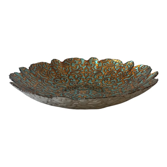 ArdaCam Hand Painted Turquoise & Bronze Glass 12” Round Serving Platter Bowl - Picture 5 of 16
